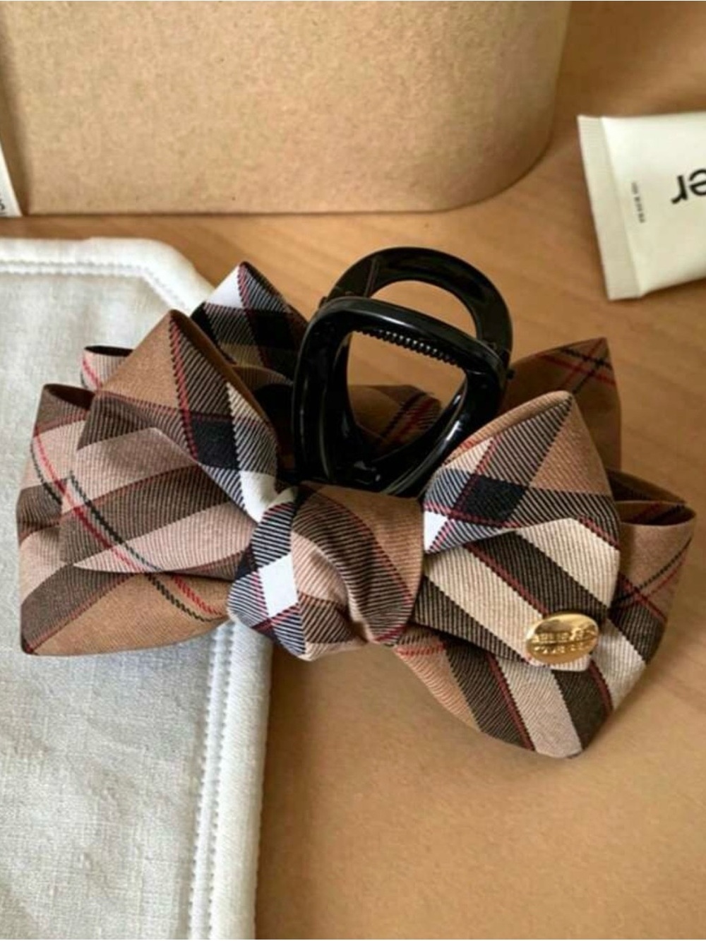 Plaid Bow Hair Claw Clip - Beige Brown